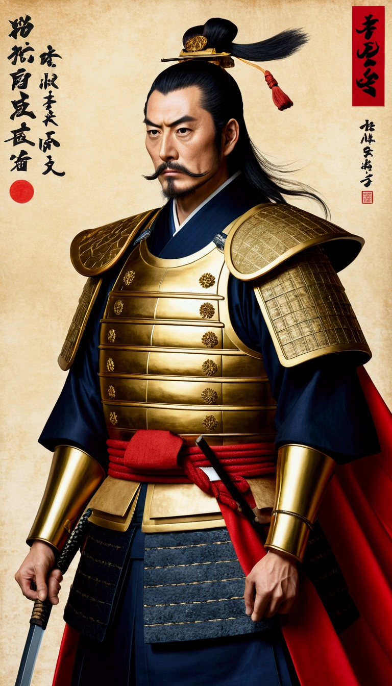 A portrait of Oda Nobunaga with a historical background, traditional Japanese art style, showcasing his powerful and commanding presence.
