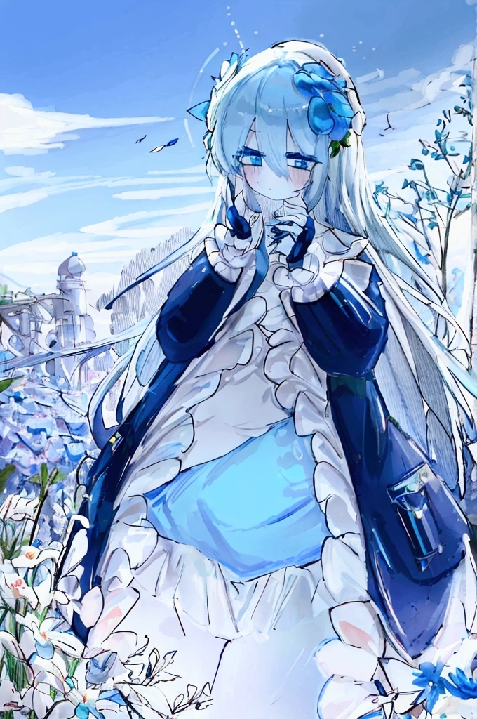 (Absurd, High resolution, Super detailed, Ticker, Cinematic), Solo, 1 Girl, , The happi coat is open, girl standing in Light Blue flower field, Light Blue flower petal surrounding girl, Full Body, Girl with long blue hair, Light Blue hair, Fantasy, dream, snow, Official Art, Pop Art, Profile, Super detailed face, Super detailed eyes, Light Blue flower field, Super detailed field, Slutty White blue sky, Cold-hearted, Light Blue, Slutty White, Sky nebula, Blue Tree, Watercolor, Color Pastel