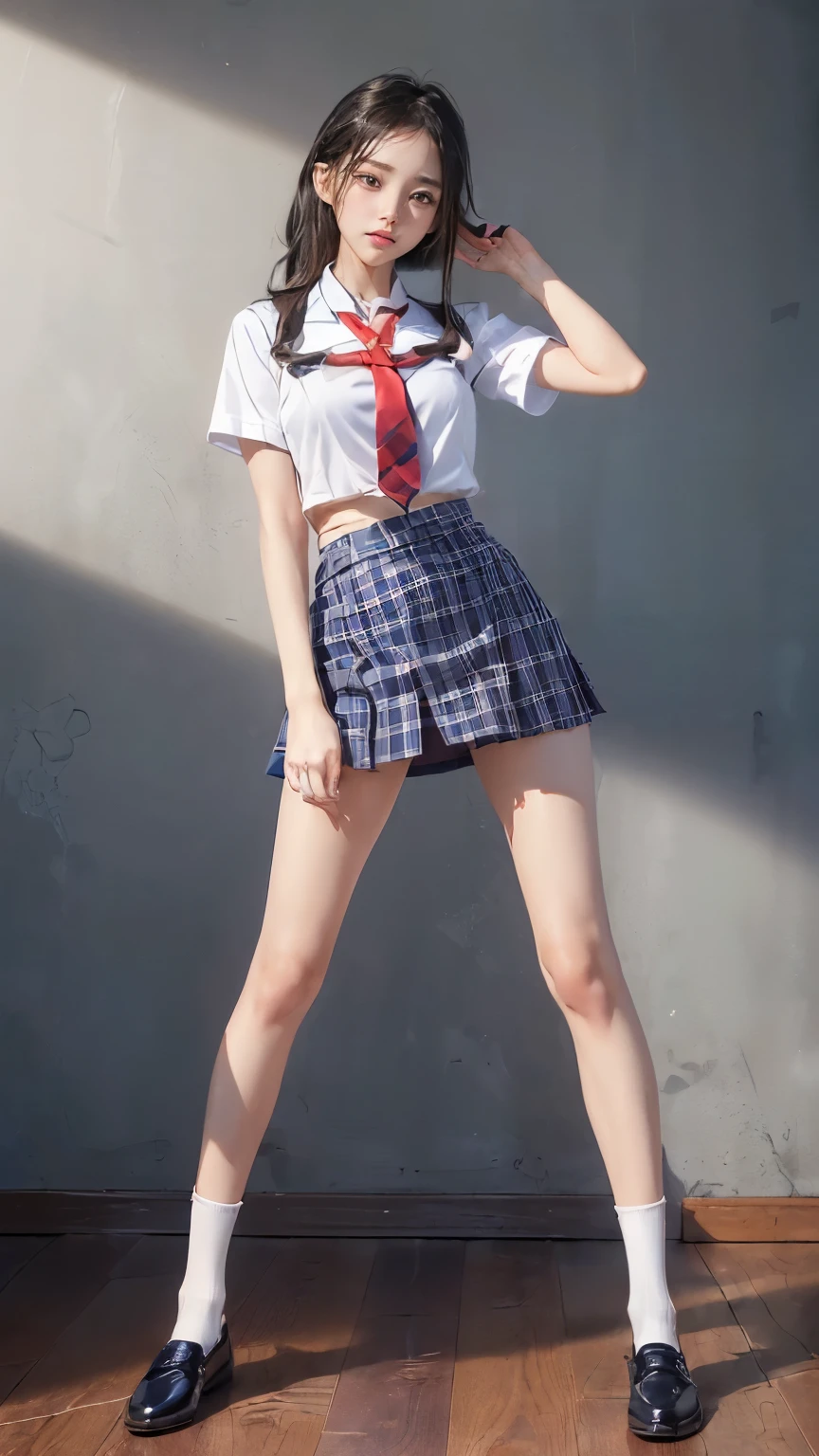 ((masterpiece)),(((最high quality))),(((((Full body shot of a girl taken from the floor:1.7))))),((Photograph the whole body from knee height:1.6)),((((((脚を揃えてPlease stand up straight:1.9)))))),((Thin thighs:1.3)),((Long legs:1.4)),(((Girl standing in a school classroom:1.7))),(((Micro Mini Skirt Uniform:1.6))),((スリムなModel body type:1.8)),((Japan  in summer uniform:1.8)),((Wearing a red tie:1.5)),(Wearing a white shirt with short sleeves:1.3),Her erect nipples are clearly visible under her clothes.,(Navy blue checked micro mini skirt:1.7),(:1.3),bangs,A small smile,((cute女の子)),Slender girl,Black Loafers,(((short white socks up to the ankles,:1.2))),cute,The thighs below the groin are slim and firm,cute,Black hair ponytail,Thin legs,スリムなModel body type,Very small waist,Small hips,Long thighs,Thin thighs,Thin hands,Long hands,((((Full body from belowを撮影する:1.5)))),(((((k-popのIVEのWONYOUNGにそっくりの女の子:1.9))))),((Turn your whole body straight ahead:1.8)),((expensive:1.4)),(Stand with your legs straight without bending your knees:1.7),((Please stand up straight:1.7)),((turn your hips forward:1.7)),The ankles are super thin,beauty,Fine skin,Firm Skin,引き締まったThin legsの肌を細部までリアルに再現,Very detailed, Attention to detail,high quality,Awards,High resolution,(Anatomically correct:1.3),(8k,RAW Photos,最high quality,masterpiece:1.5),(((Photographing a girl&#39;Full body from below))),(((She is taking a picture with three other girls from her class.:1.5))),3人ともスリムでcute,Height 173cm,((脚を揃えてPlease stand up straight:1.7)),((脚を揃えてPlease stand up straight:1.7)),((脚を揃えてPlease stand up straight:1.5)),((脚を揃えてPlease stand up straight:1.7)),(((Keep your back straight:1.8))),((Look forward:1.2)),9頭身beauty,Model body type,((Inseam is half the height:1.3)),Thin thighs,((k-popのIVEのWONYOUNGにそっくりの女の子:1.5)),Tiny and slim waist