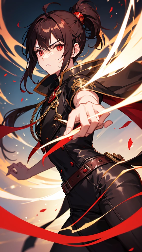 Anime boy with red eyes dark brown ponytail hair wearing fantasy dress with serious mood