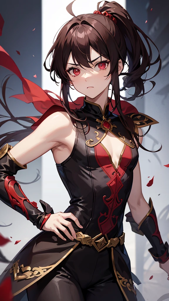 Anime boy with red eyes dark brown ponytail hair wearing fantasy dress with serious mood 