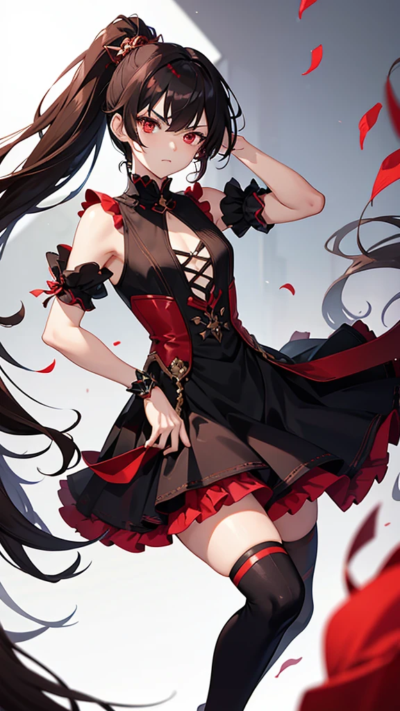 Anime boy with red eyes dark brown ponytail hair wearing fantasy dress with serious mood 