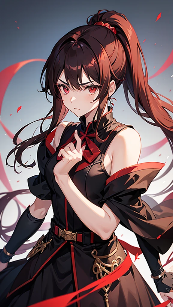 Anime boy with red eyes dark brown ponytail hair wearing fantasy dress with serious mood