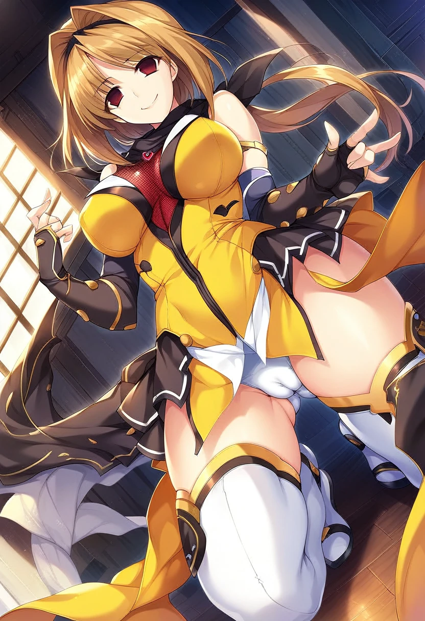 12k,masterpiece, Highest quality, Anime Style,Official Art Beautiful Lighting, 1 girl, bangs, (Inside the futuristic base:1.4), , masterpiece,Noise Reduction,Perfect Anatomy,High resolution, Very detailed,Game CG,Dutch Angle ,Beautiful attention to detail,Visual Arts,Five Fingers, Perfect hands, Perfect lighting,(Camel Toe:1.3),Red eyes,(Silver Hair:1.2),takamori haruka,full body,(evil smile:1.4),(empty eyes:1.2)