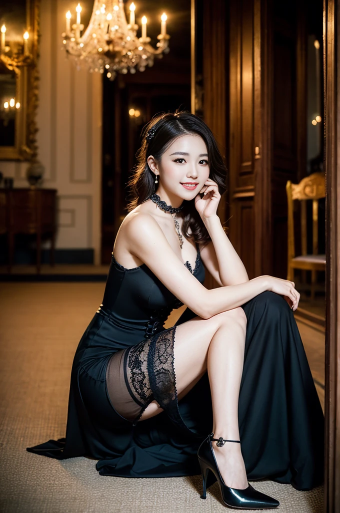 (Only one person), Pure Japanese young girl, wearing gothic style gorgeous dress and accessories, high heels, vivid makeup and lips, thick eyebrows, arranged hair styles, sweet smile, sitting in antique gothic style interior, summer midnight, decadent atmosphere, dazzle me, professional photography,