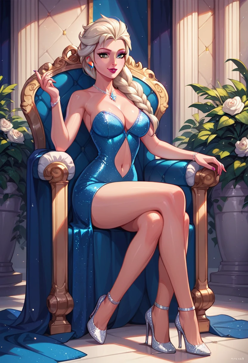 score_9,score_8_up,score_7_up,score_6_up, Elsa, elegant, navel, shorts, sparkly short bodycon dress, high heels, on the throne, in the palace.