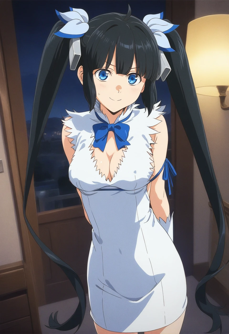 best quality, amazing quality, very aesthetic, absurdres, (1girl, hestia, danmachi:1.5), long hair, blue eyes, blue ribbon, black hair, twintails, big breasts, (gown:1.8), (night, thigh:1.3), (cowboy shot), (), (from above0.7), (long hair, adult), (bent over, arms behind back:1.4), (blush:0.7), angry, expressive eyes, perfect face, 4k, extremely detailed anime illustration, extremely detailed eyes, perfect anatomy, light rays, extremely delicate body, smooth skin, (bedroom background:1.5), clear eyes, beautiful face, smiling at viewer, (anime style:1.7), (cinematic Light:1.5), (highres:2),