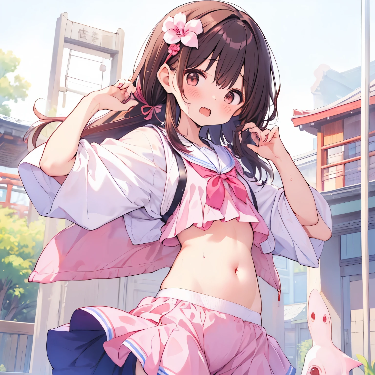 ((日本人のgirl1人、aldult)), ( small)), Black Hair、Brown Hair、masterpiece, 最high quality, high quality, Highly detailed 8K wallpapers,In the mountains、Pink Hair、Tropics、Extreme heat、Heavy breathing、breathe、Sweat、Head ornament、Long Hair、Moist eyes、cute girls、Cute Female、Bold Pose、(Open your mouth、Small double tooth、Embarrassed face)、Hip Swing、Waiting for ice cream、No fixes、Rippled Skin、(girl、Moe sleeves、Cute casual clothes、ribbon、Squid Belly、Wearing pink)、（No underwear）、Beautiful flat breasts、（激しいSweat）、(Saliva volume:1.4）、(Elementary school girl、Cute belly、Before menarche、Abdominal distention、Cute Pants）、（stroking the stomach:2）、(A comfortable face、Beautiful Face）、（serving）、（Trembling in the lower back:2）、Life-size、In front of the camera、Walk with your feet together