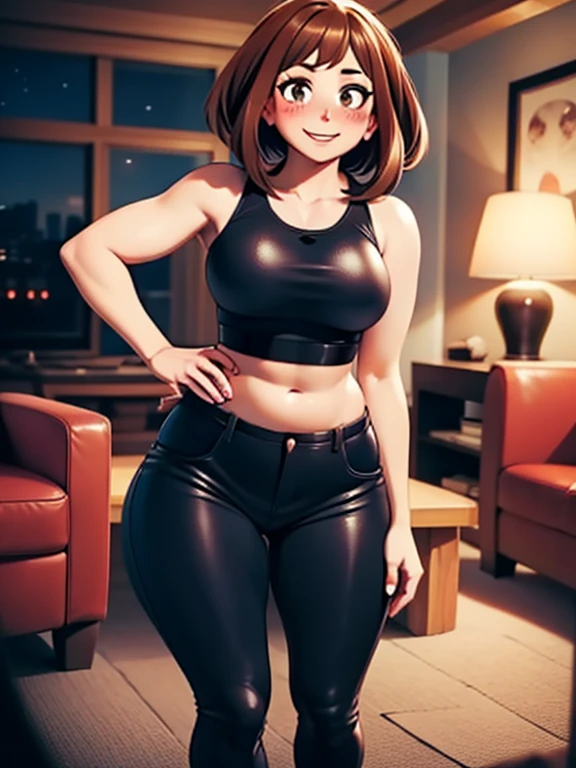 high quality, best quality, beautiful, perfect lighting, detailed face, mature face, ((1girl)), ((solo)), Imagine Ochaco Uraraka as an adult, 45 years old, short brown hair, brown eyes, ((blush)), smile, looking at viewer, black leather pants, dark blue shirt, white heels, ((medium breasts)), wide hips, thick thighs, chubby, love handles, muffin-top, round belly, beer-gut, living room, hands on hips,
