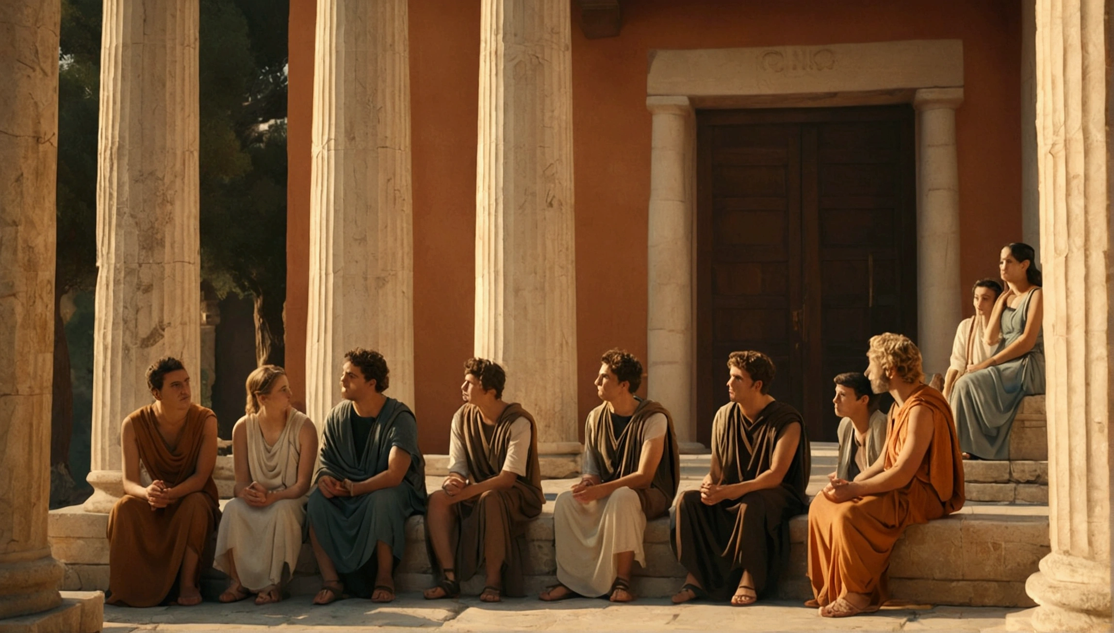 a group of students listening to a philosopher in ancient greek setting, detailed ancient greek columns, ornate architecture, transmission of stoic philosophy, highly detailed, photorealistic, 8k, hyper detailed, dramatic lighting, warm color palette, cinematic composition, masterpiece