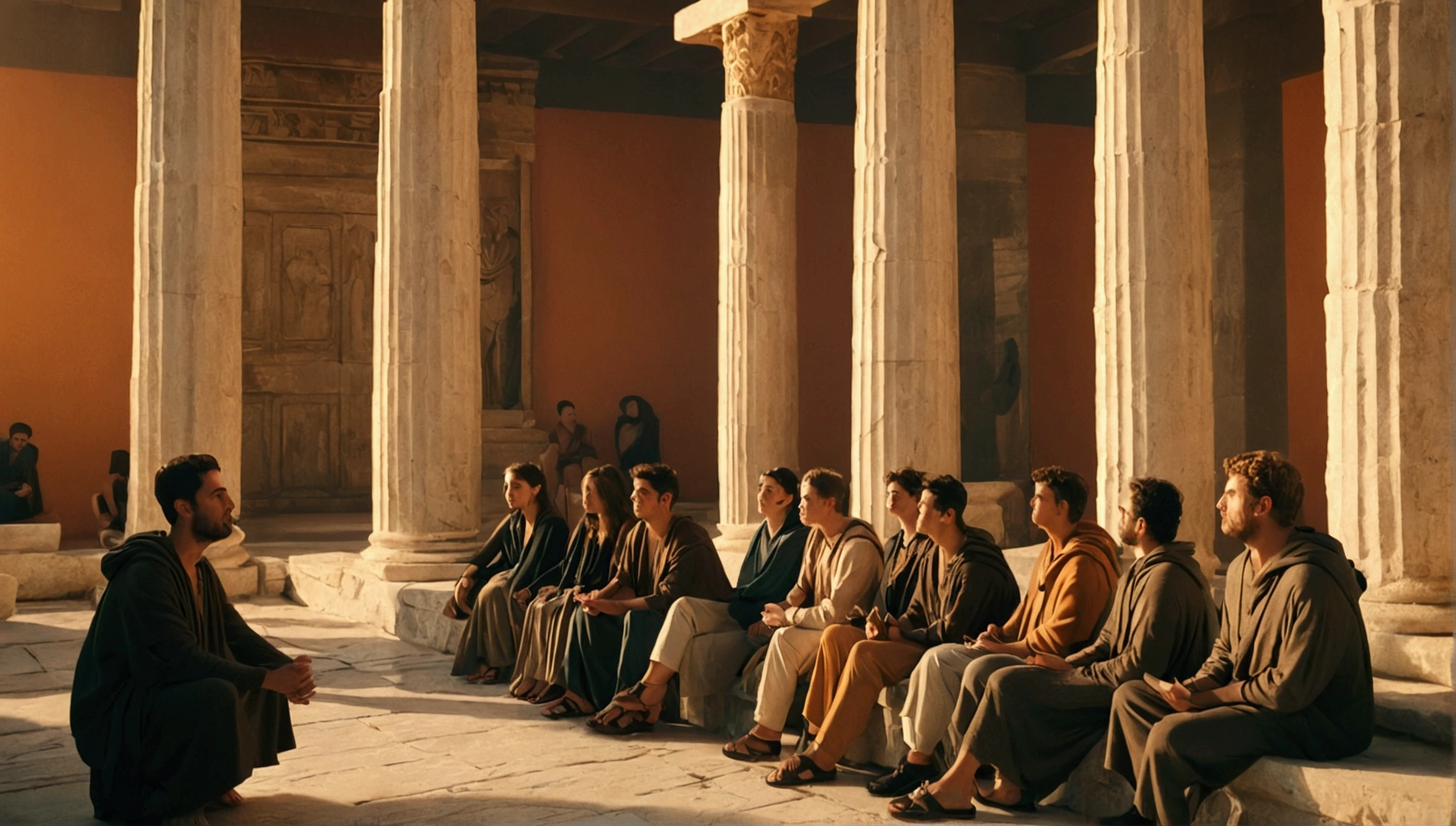 a group of students listening to a philosopher in ancient greek setting, detailed ancient greek columns, ornate architecture, transmission of stoic philosophy, highly detailed, photorealistic, 8k, hyper detailed, dramatic lighting, warm color palette, cinematic composition, masterpiece