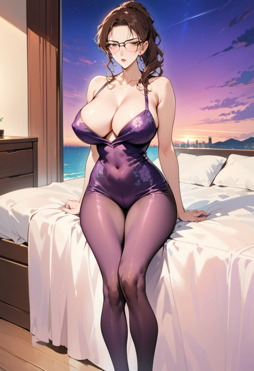 Best quality,masterpiece,brown hair,Purple evening dress,,Perfect body,full-body shot,Cool poster,Wearing glasses,36 mature beauingle player anime style,seduces a young blackman,(strong and naked black man,spants,muscle body,bodybuilder),(a young mom with big breasts,narrow waiulders,(Purple evening dress, transparent black pantyhose, floral print, naked)baund:bedroom,sitting on th