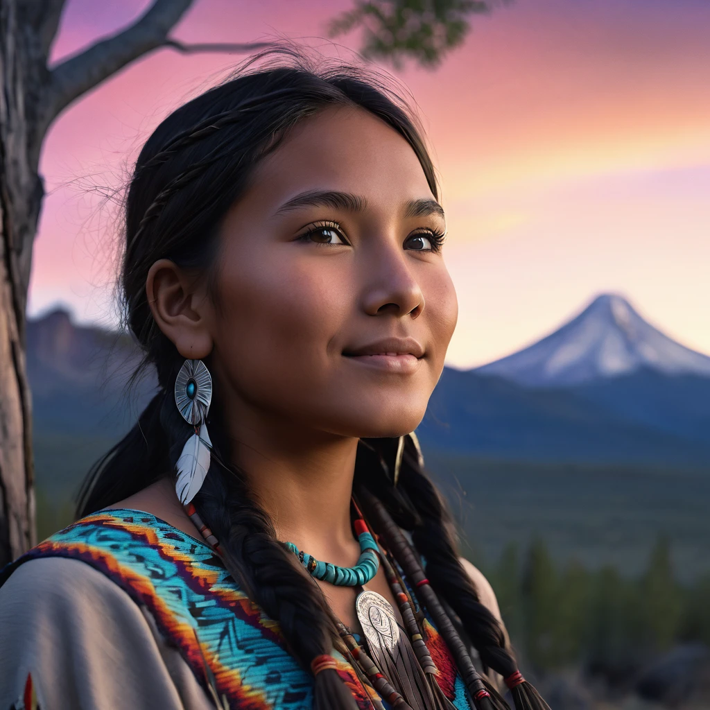 (grainy:0.5), cinematic, beautiful girl,native american,fantasy,(solo:1.3), detailed eyes, detailed face, detailed native american clothing , volumetric lighting, dusk, extremely detailed background, standing next to tree and mountain, smiling, half closed eyes, tilted head, from side