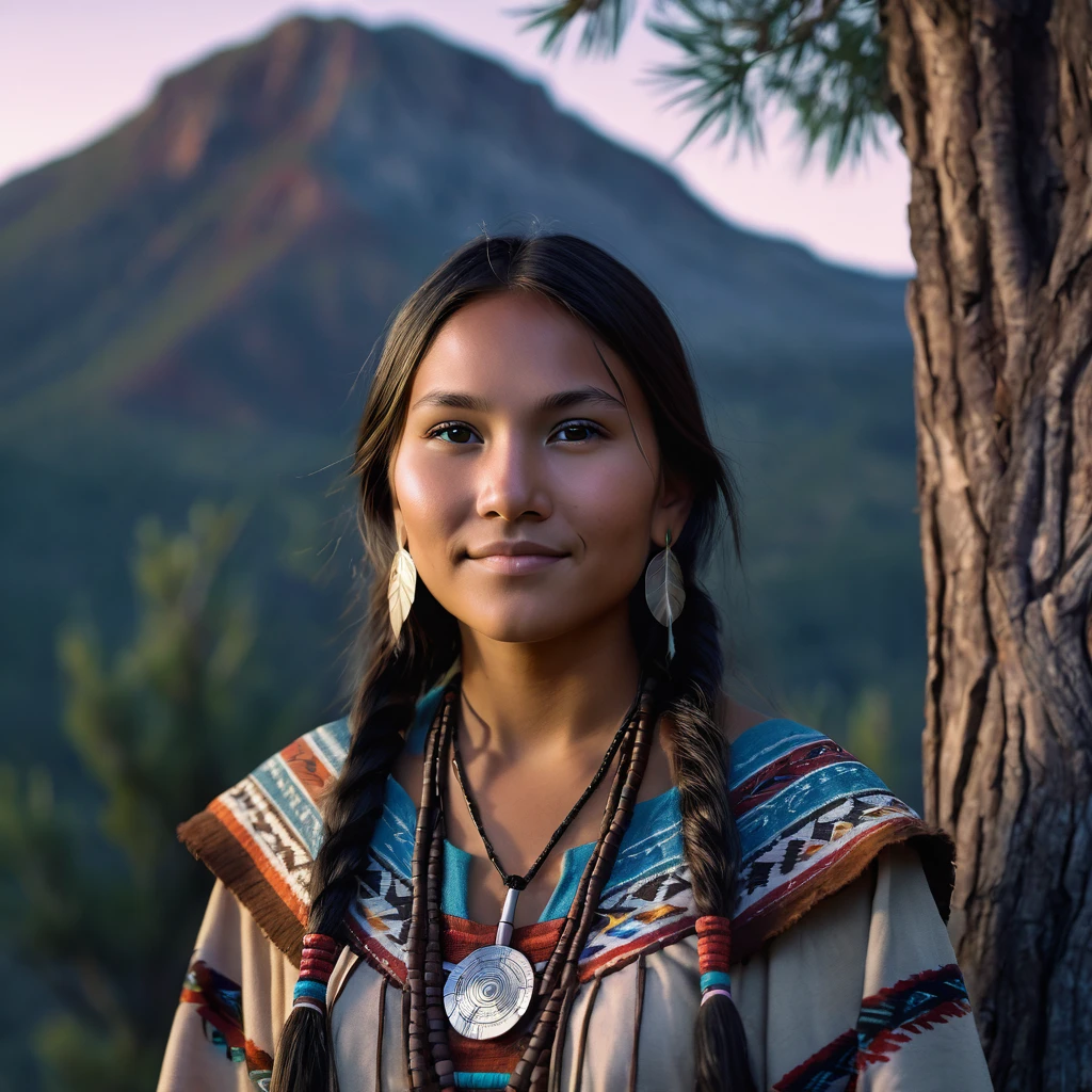 (grainy:0.5), cinematic, beautiful girl,native american,fantasy,(solo:1.3), detailed eyes, detailed face, detailed native american clothing , volumetric lighting, dusk, extremely detailed background, standing next to tree and mountain, smiling, half closed eyes, tilted head, from side