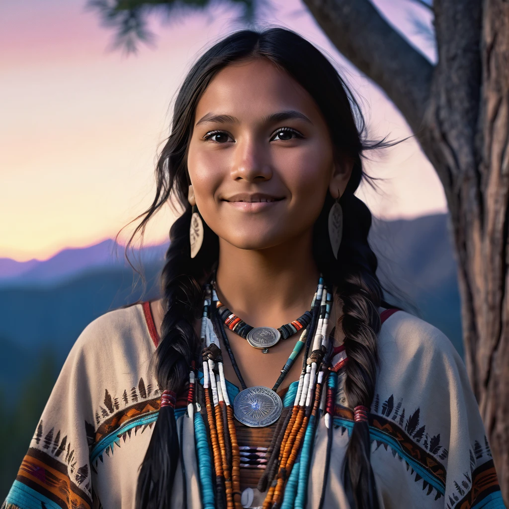 (grainy:0.5), cinematic, beautiful girl,native american,fantasy,(solo:1.3), detailed eyes, detailed face, detailed native american clothing , volumetric lighting, dusk, extremely detailed background, standing next to tree and mountain, smiling, half closed eyes, tilted head, from side