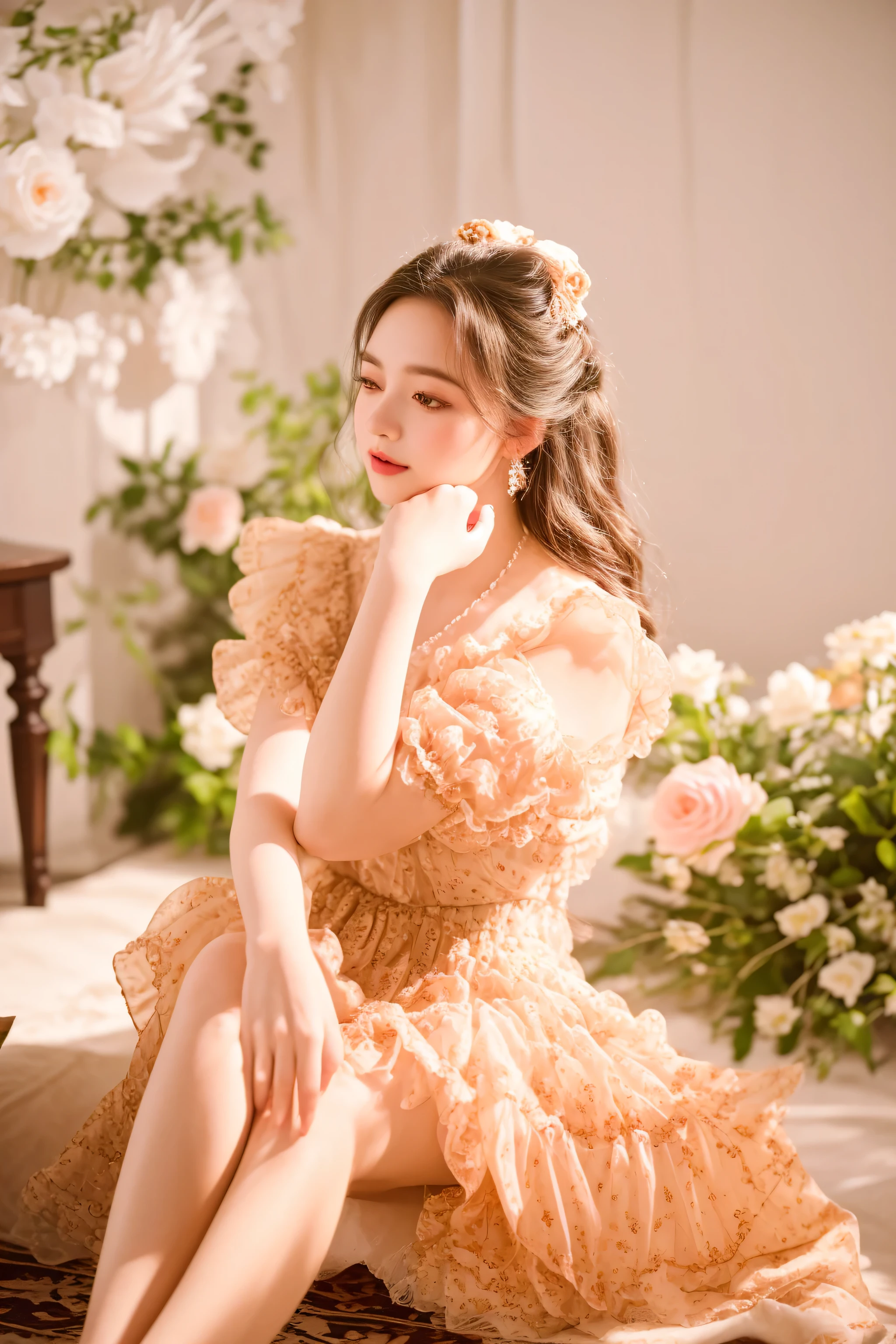 there is a woman sitting on a rug in a dress, lady with glowing flowers dress, rococo queen, wearing organza gown, shot with canon eoa 6 d mark ii, ethereal fairytale, romantic dress, taken with canon eos 5 d mark iv, royal elegant pose, captured on canon eos r 6, ethereal and dreamy, dreamy and ethereal, (golden hour)