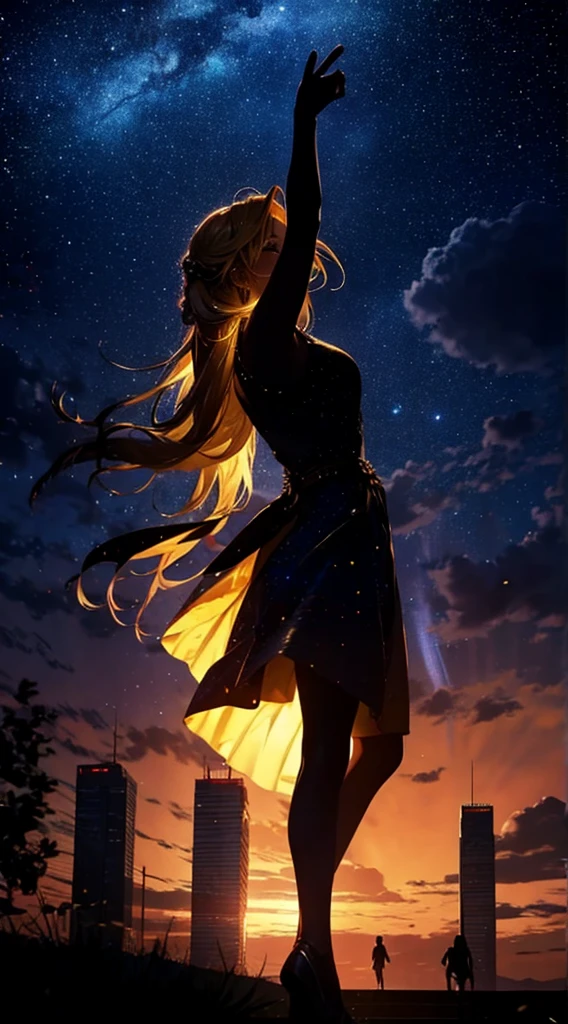 Starry Sky,dance,woman1people々,silhouette,blonde, dress,blonde long hair,