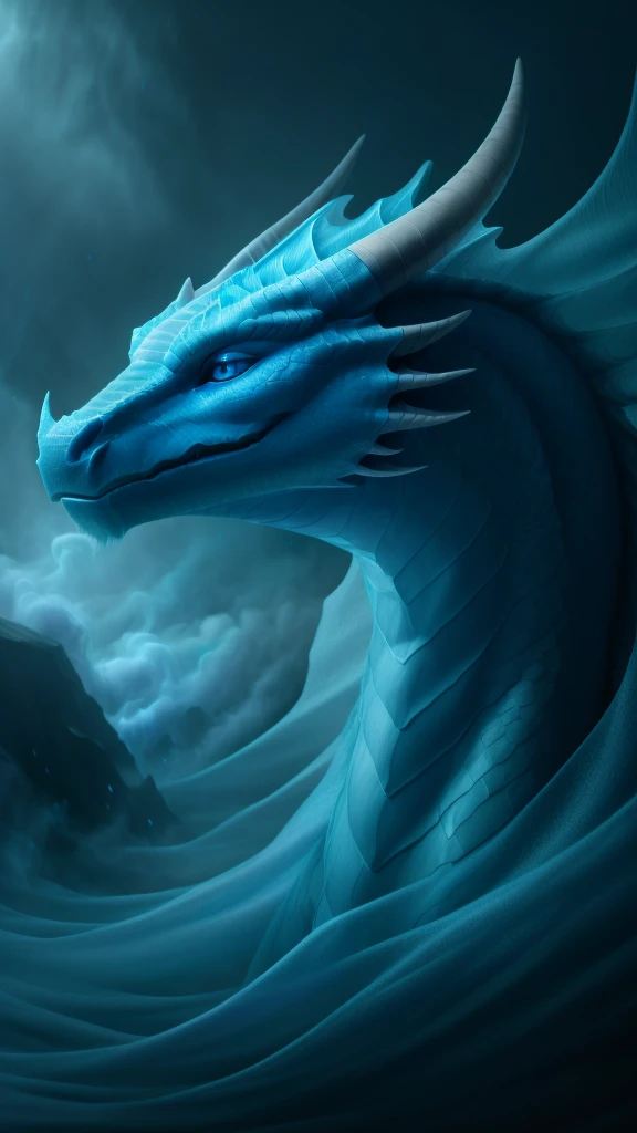 (((8k))), (((High resolution))),((Highest quality)), a white dragon, Blue eyes, blue aura swirling around the body,beautiful fog,mystic atmosphere,Ultra-realistic,8k,Ultra-fine,Super detailed