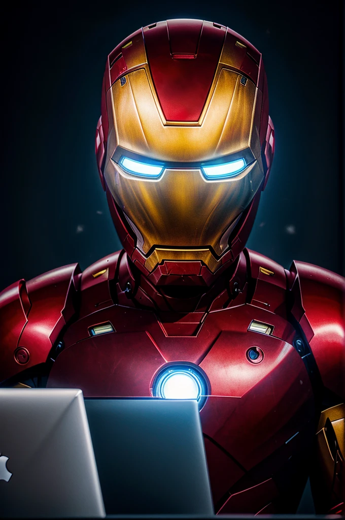 Iron man cartoon face try code in his computer in dark room and background light is red