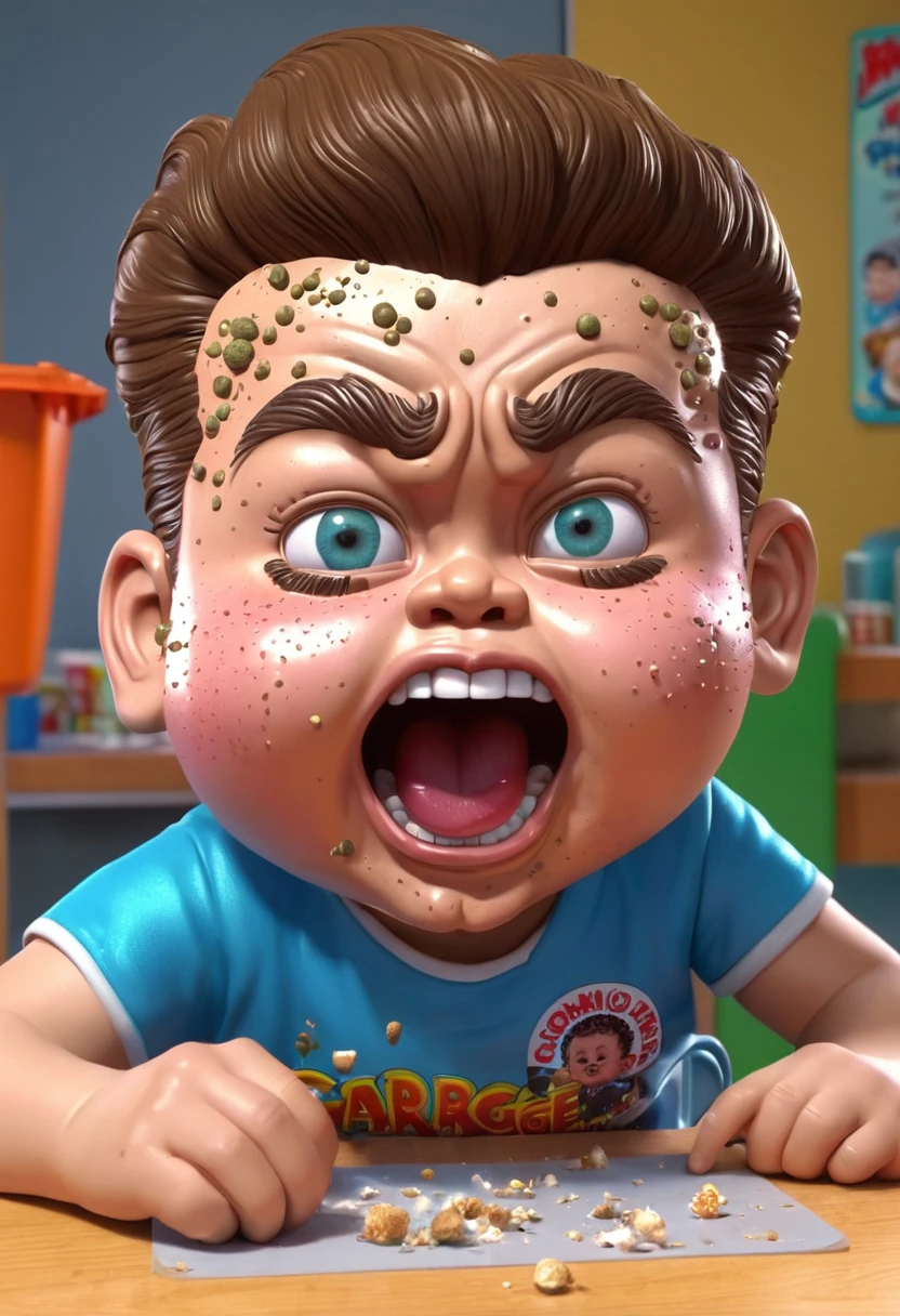 kid popping pimples on his face, ((garbage pail kids style)), in a school, 3d cartoon, high quality, detailed