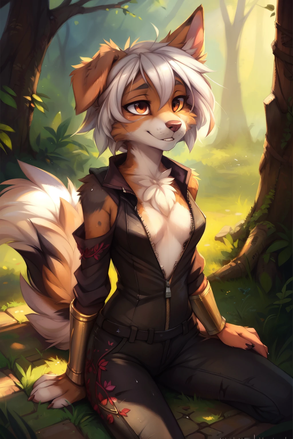 by kenket, by Zackary911, by hyattlen, by teranen, by fumiko, by Pixelsketcher, by Bayard Wu, by Einshelm, by Kilinah, by Hioshiru, by fluff-kevlar, by Dimwitdog, Furry, Anthro, solo, ((australian shepard)), ((female)), (dark souls), ((young)), ((fluffy tail)), floppy ears, ears down, short white hair, breasts, short, chest fluff, erotic, dirty, sweaty, ribs, erotic pose, lace body suit, crotch zipper, unzipped, embroidery, clawed gauntlet, digitigrede legs, 
