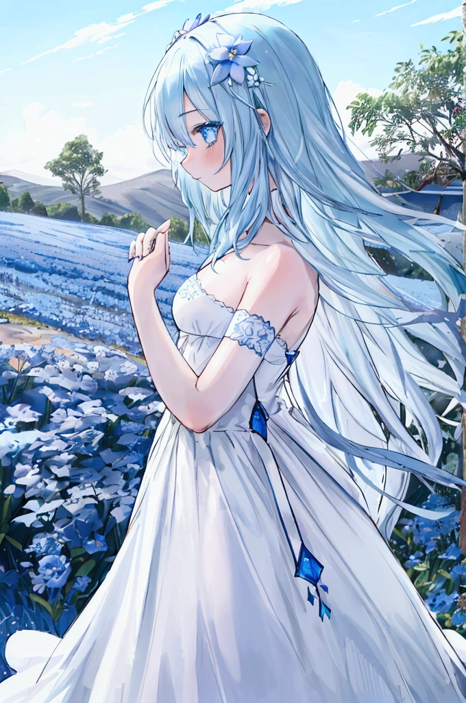 (Absurd, High resolution, Super detailed, Ticker, Cinematic), Solo, 1 Girl, Middle age, The happi coat is open, girl standing in Light Blue flower field, Light Blue flower petal surrounding girl, Full Body, Girl with long blue hair, Light Blue hair, Fantasy, dream, snow, Official Art, Pop Art, Profile, Super detailed face, Super detailed eyes, Light Blue flower field, Super detailed field, Slutty White blue sky, Cold-hearted, Light Blue, Slutty White, Sky nebula, Blue Tree, Watercolor, Color Pastel