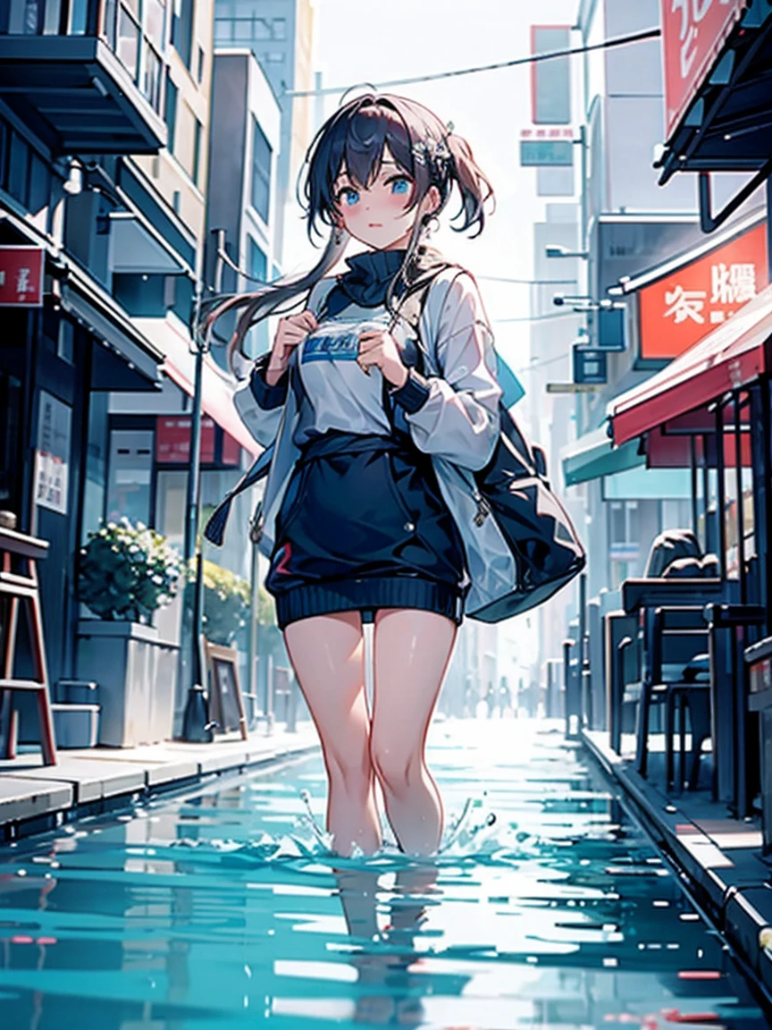 Immerse yourself in cold water up to your chest、bustling street」