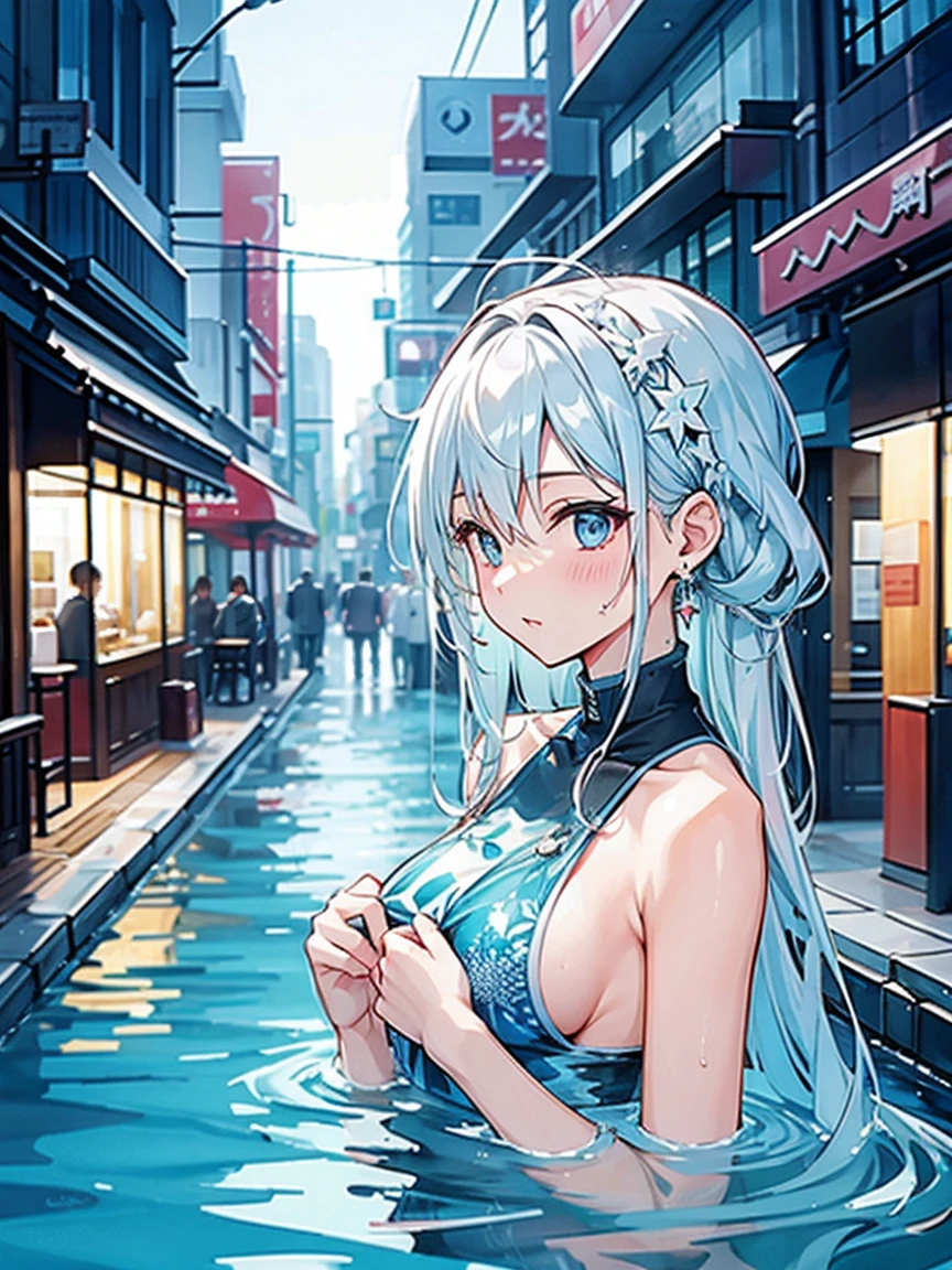 wearing tight cheongsam, big boobs, revealing,((ultra hd, masterpiece, 4k hd)), armpit and chest look, showing , sexy anime girl, white skin, cute face, twintails , wet, sweaty all over, armpits watery and wet, groin watery and wet, in the subway