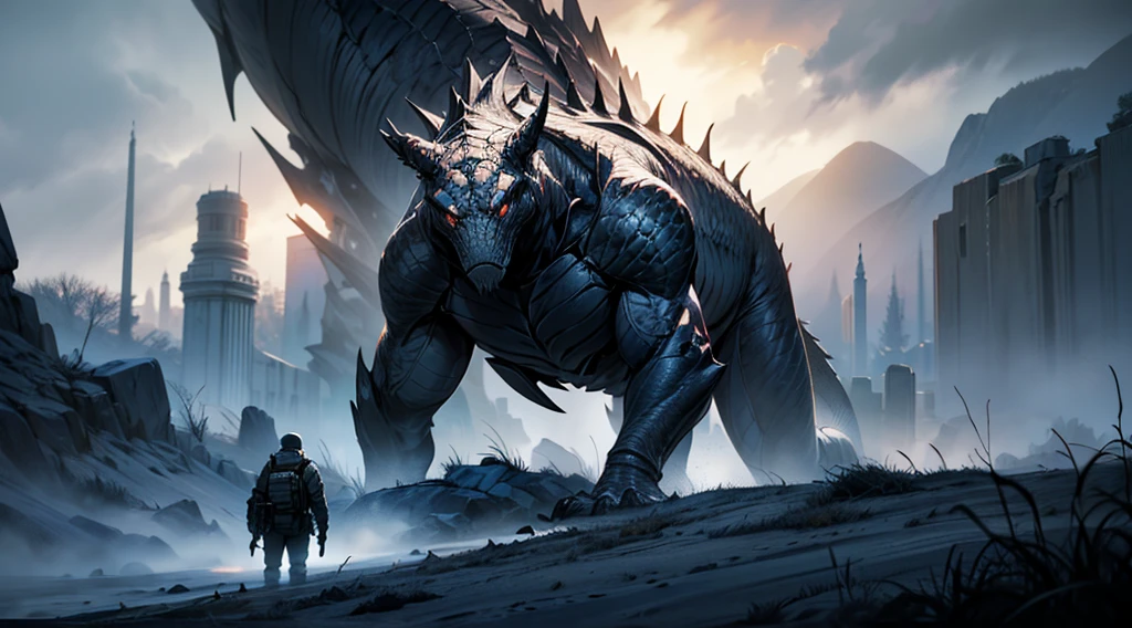 cinematic dramatic fantasy scene, massive fallen creature, army soldiers observing, detailed anatomy, intricate scales and textures, dramatic lighting, moody atmosphere, epic dramatic composition, (best quality,4k,8k,highres,masterpiece:1.2),ultra-detailed,(realistic,photorealistic,photo-realistic:1.37),cinematic lighting,dramatic colors,highly detailed reptilian creature,dramatic shadows,striking poses,imposing presence,military uniforms,weapons and equipment,desolate landscape,ominous sky,volumetric fog