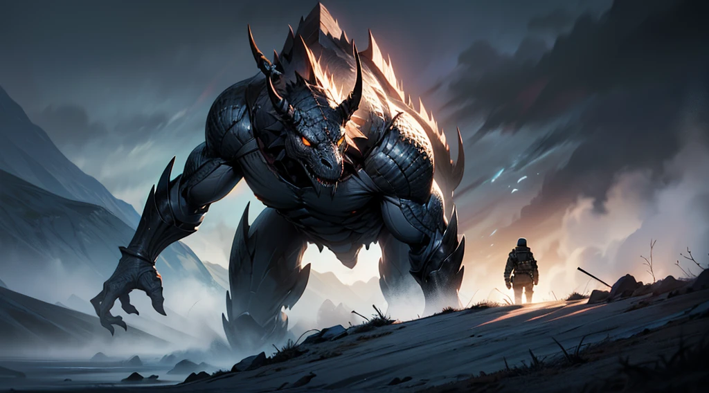 cinematic dramatic fantasy scene, massive fallen creature, army soldiers observing, detailed anatomy, intricate scales and textures, dramatic lighting, moody atmosphere, epic dramatic composition, (best quality,4k,8k,highres,masterpiece:1.2),ultra-detailed,(realistic,photorealistic,photo-realistic:1.37),cinematic lighting,dramatic colors,highly detailed reptilian creature,dramatic shadows,striking poses,imposing presence,military uniforms,weapons and equipment,desolate landscape,ominous sky,volumetric fog