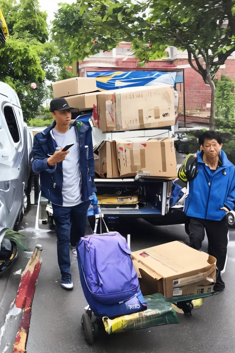 Delivery man gets scolded by aunt、Housing estate、It's raining、A lot of luggage on the cart、Highest quality、masterpiece