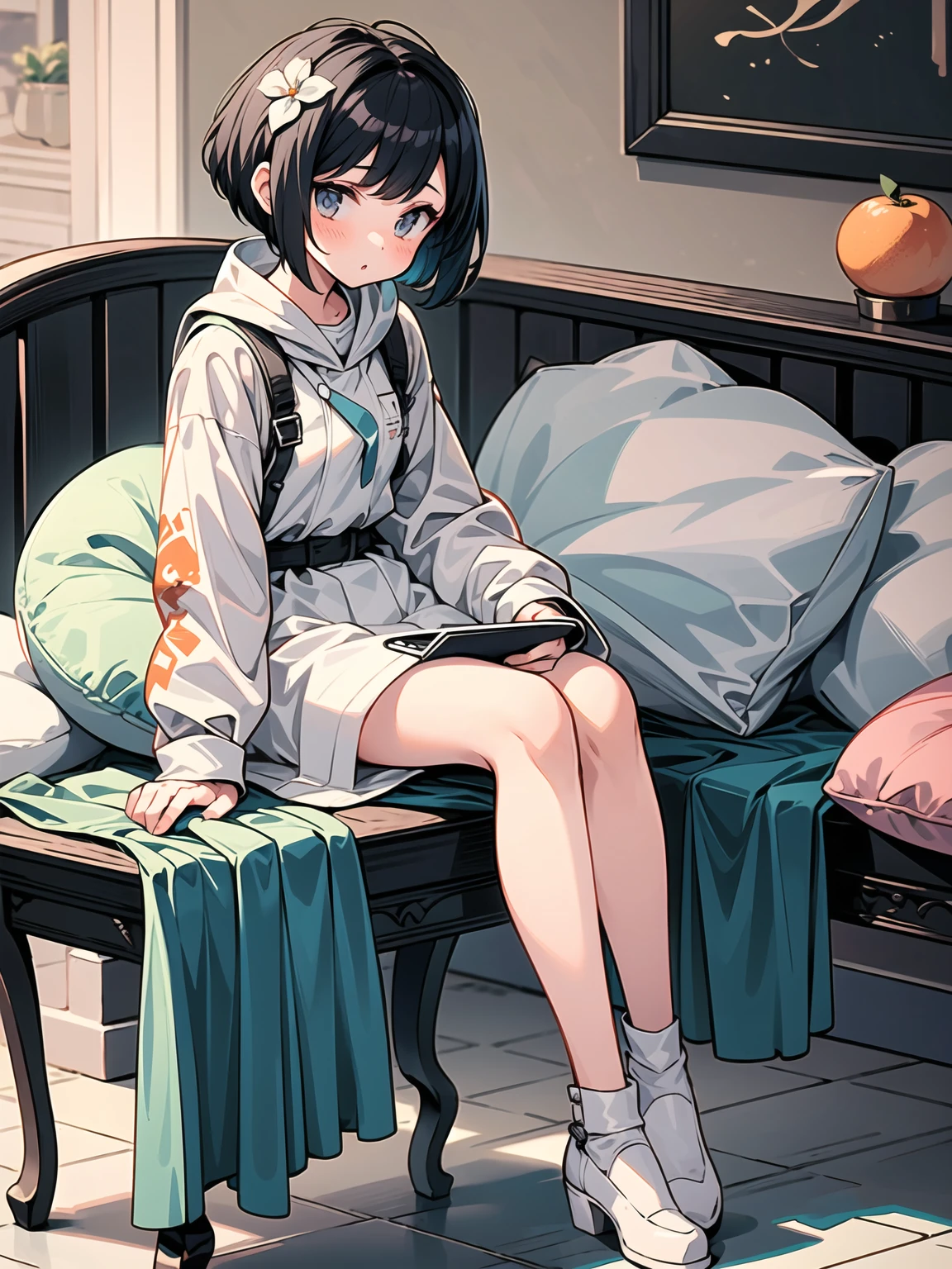 ((work of art, best qualityer)) a girl with short black hair sitting on a bed , playing a game on your cell phone , with an orange and white outfit with flower designs  , with legs covered by a sheet with white and black stripes, 