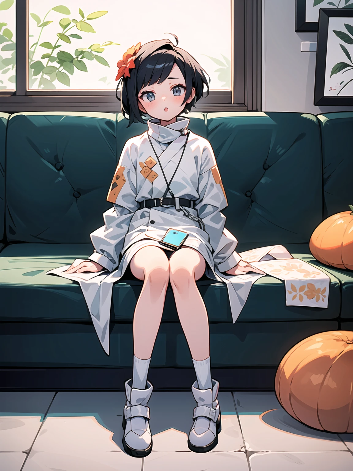 ((work of art, best qualityer)) a girl with short black hair sitting on a bed , playing a game on your cell phone , with an orange and white outfit with flower designs , with legs covered by a sheet with white and black stripes,