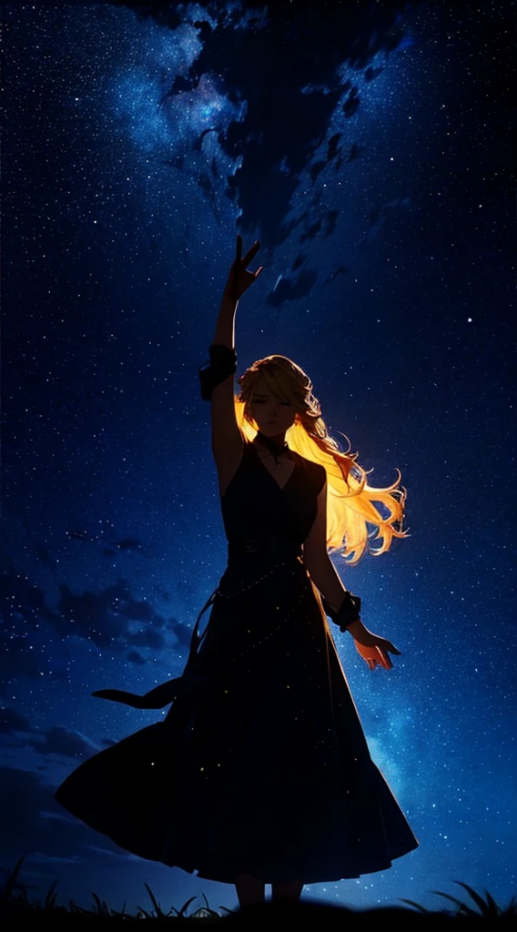 Starry Sky,dance,woman1people々,silhouette,blonde, dress,blonde long hair,