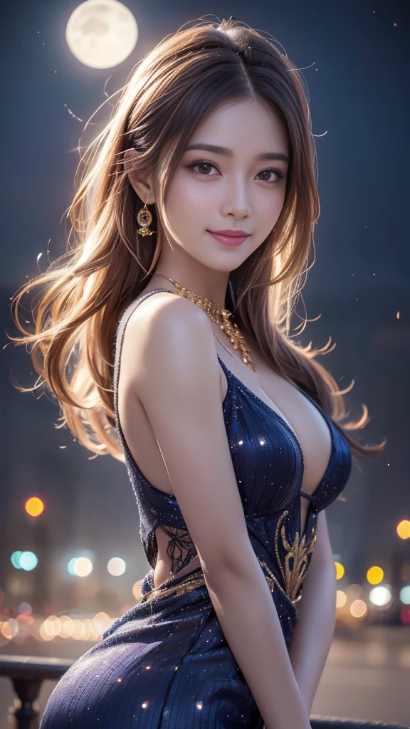 Body portrait, 8K, Slender beautiful eyes, Tyndall effect, masterpiece, Top quality, high quality, high resolution, Very detailed photos, (Natural skin texture, Delicate skin, Surrealism, Super sharp), High Detail Skin, (very good, Delicate skin texture, Intricate details, Pretty Face, Realistic face, Realistic eyes, Beautifully detailed eyes, Realistic skin, Beautiful Skin, Surrealism, Very detailed golden ratio, Smiling eyes, Night moonlight background, Body portrait, Glamorous, Sexy knitted dress,