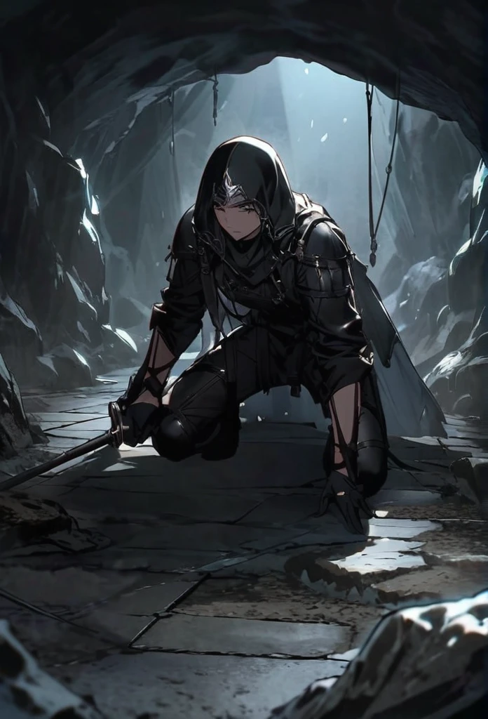 A warrior wearing black leather clothing setting traps on the floor of a dark cave