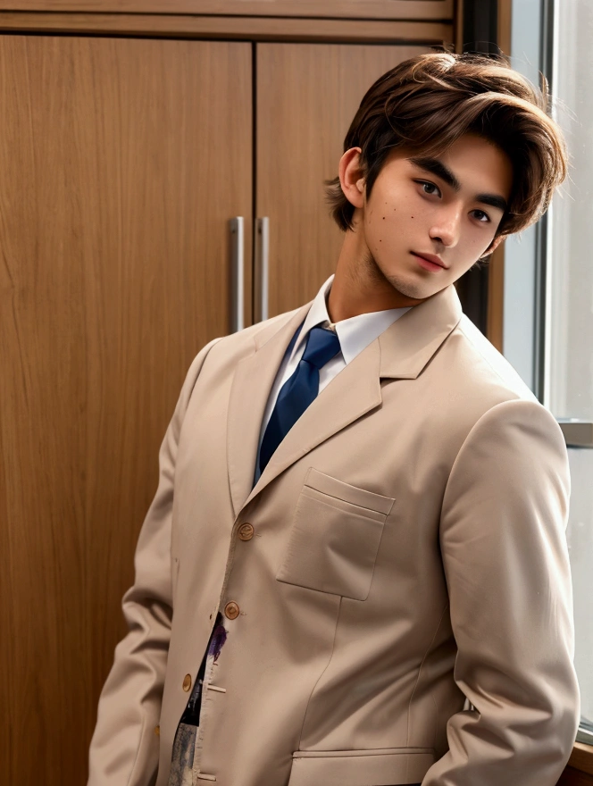 Medium shot,Medicine student ,2nd year , cool , hunk, 22 year old,tan skin,(messy brown hair),goat beard ,handsome , in university,uniform