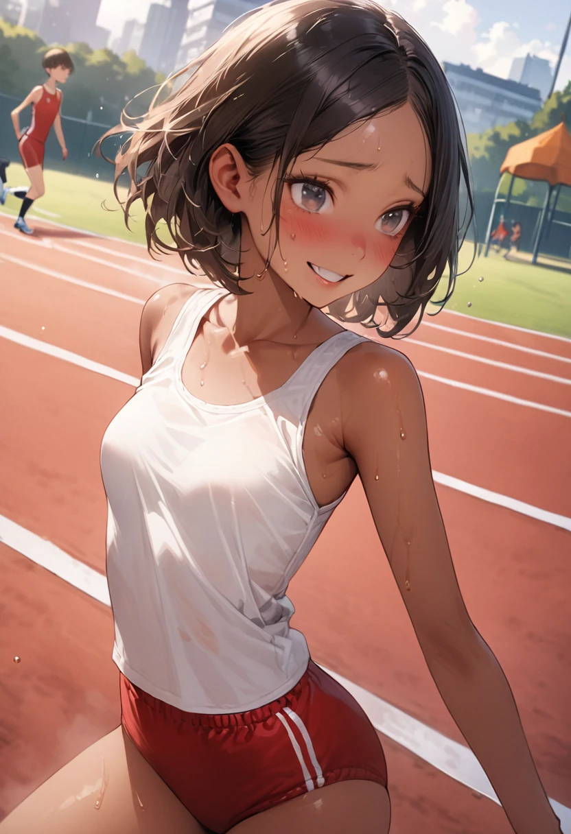 ((masterpiece,Highest quality:1.3,best quality illustration)),((realistic:1.2)),cowboy shot,独奏,1woman,18 year old beauty、black hair,short bob hair,(center parted bangs),black eyes,(gorgeous big eyes),((very small head:1.4)),shy,smile,((slender body:1.2,skinny)),(tan skin:1.4),small breasts,(White tank top、school gym red buruma),gleaming skin,oily skin,slender body,sweat,Long-distance running,playground、Schoolyard、School、Tokyo、