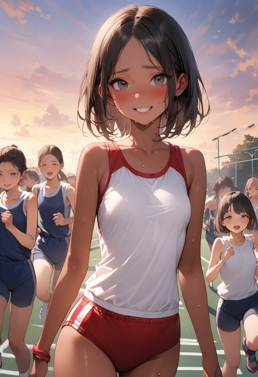 ((masterpiece,Highest quality:1.3,best quality illustration)),((realistic:1.2)),cowboy shot,独奏,1woman,18 year old beauty、black hair,short bob hair,(center parted bangs),black eyes,(gorgeous big eyes),((very small head:1.4)),shy,smile,((slender body:1.2,skinny)),(tan skin:1.4),small breasts,(White tank top、school gym red buruma),gleaming skin,oily skin,slender body,sweat,Long-distance running,playground、Schoolyard、School、Tokyo、