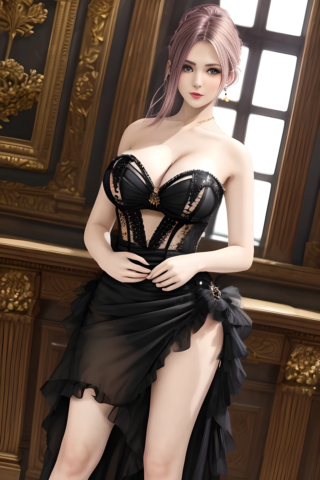 1girl is wearing an elegant black strapless dress. The dress is beautifully designed with ruching on the bodice and a cascading ruffled asymmetrical hem, adding a playful and chic touch to the outfit. The person is standing upright, with one hand gently touching their leg and the other hand relaxed by their side. The background is plain and neutral, drawing attention to the dress itself. The lighting is soft, highlighting the details of the dress and creating a fashionable and stylish atmosphere,, huge breasts, elise