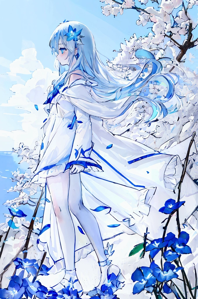 (Absurd, High resolution, Super detailed, Ticker, Cinematic), Solo, 1 Girl, , The happi coat is open, girl standing in Light Blue flower field, Light Blue flower petal surrounding girl, Full Body, Girl with long blue hair, Light Blue hair, Fantasy, dream, snow, Official Art, Pop Art, Profile, Super detailed face, Super detailed eyes, Light Blue flower field, Super detailed field, Slutty White blue sky, Cold-hearted, Light Blue, Slutty White, Sky nebula, Blue Tree, Watercolor, Color Pastel