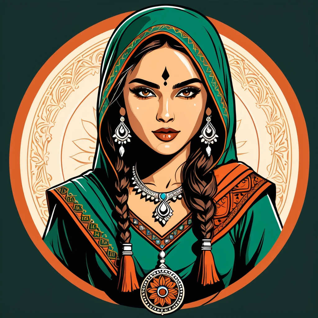 female rogue in indian folk outfit, vector graphics, strong contours, logo design
