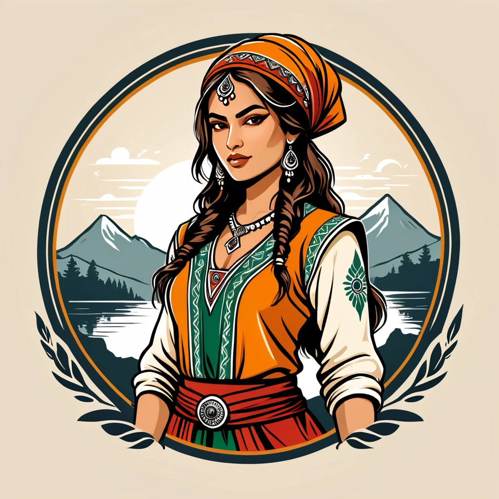 female rogue in indian folk outfit, vector graphics, strong contours, logo design
