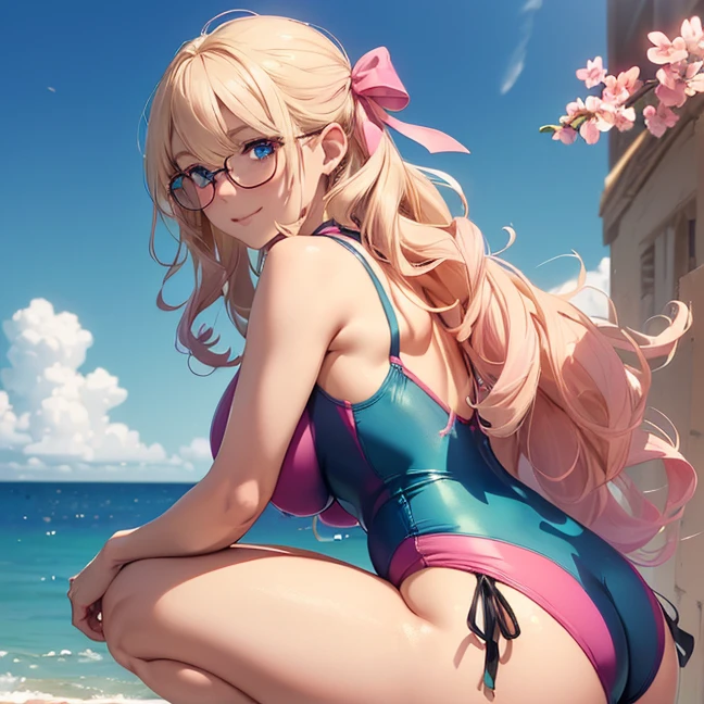 (Master piece, best high quality image, carefully detailed details and textures, alone character, full character body view)
{{(1character: 30 years old blonde haired danish human girl noble: (fair skin, blonde long curly hair, beautiful light-blue eyes, beautiful face, sharp eyebrows, voluptuous figure, big breasts, beautiful legs, big butt, lovely smile, friendly demeanor, crouching pose, back view), (left hair pink ribbon, blue round glasses, pink pink one-piece swimsuit), (green natural park))}}