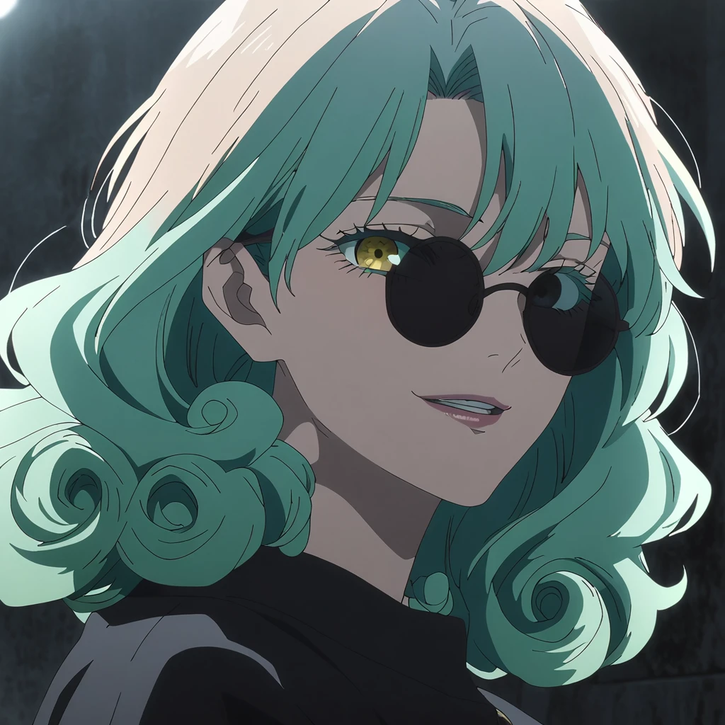 1girl, female gojo satoru, anime screencap from jujutsu kaisen, gojo satoru female version, solo, green hair, long_curly hair, black round sunglasses, Yellow Eyes, parted_lips, smiling, looking_at_viewer, perfect background, indoors, side view, white_hair, bangs, eyelashes, portrait, black_shirt, shirt, hair_between_eyes, floating hair, (curly hair) ((moonlight on the character)) 