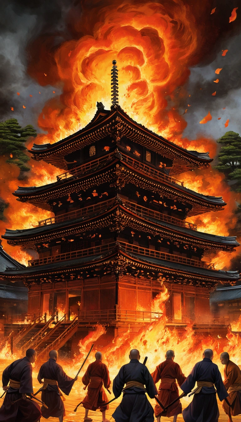 A depiction of the burning of Enryaku-ji Temple in 1571, with flames engulfing the temple structures, chaotic scene with fleeing monks.