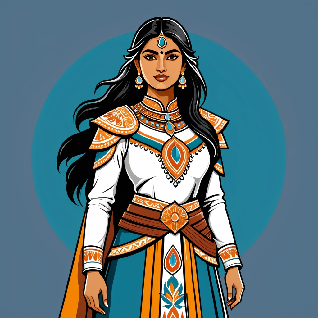 female paladin in indian folk outfit, vector graphics, strong contours, logo design