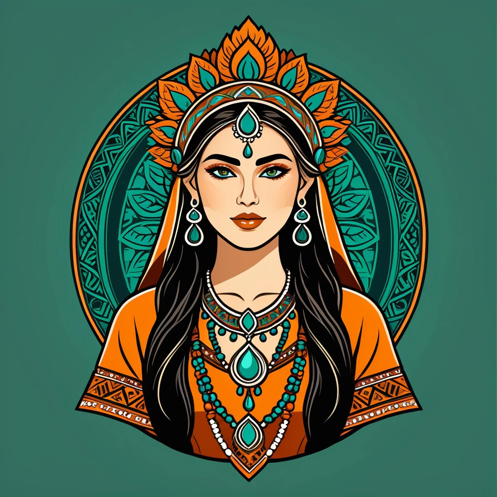 female druid in indian folk outfit, vector graphics, strong contours, logo design
