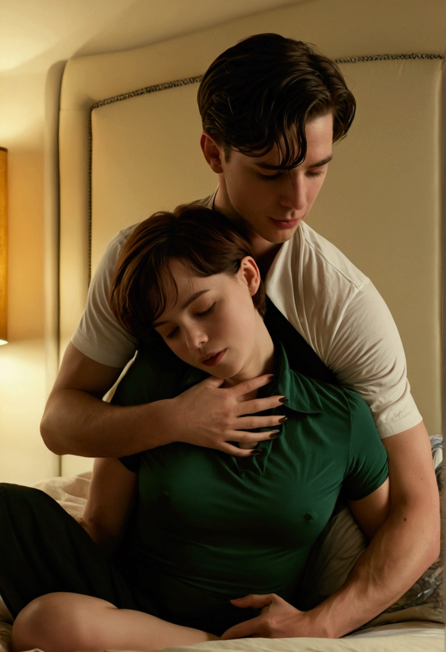 A man with short brown hair hugs sidney sweeney on the bed, licking her neck while she , dark romance, faceless