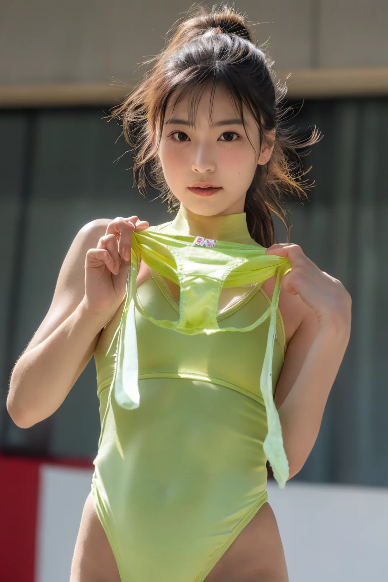 (8k, RAW Photos,Highest quality, High resolution:1.1), (超Realisticな:1.4),(Realistic, Realistic:1.3),The Beauty of Japan、((Upper Body:1.3))、Gymnastics Team - Flexible Leotards and Grips,holding panties ,  (Panties as a gift),(Detailed light green silk panties:1.1),Focus Panties,(blush:1.3),(Panty stains),